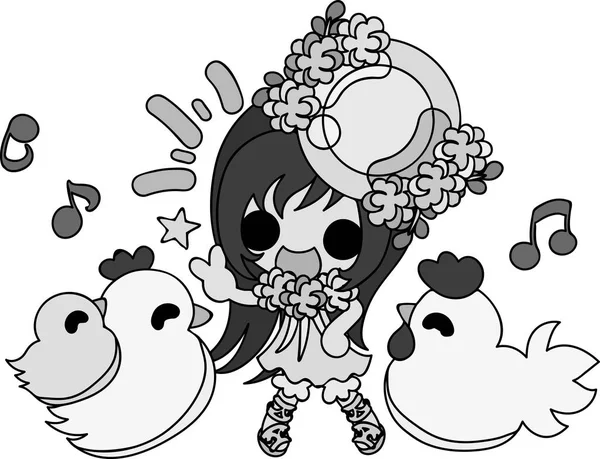 Sevimli kız ve tavuk çizimi