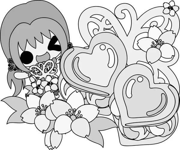 Illustration von niedlichen Mädchen und Kirschblütenobjekten — Stockvektor