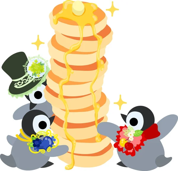 スタイリッシュなかわいいペンギンの赤ちゃんとパンケーキのタワー — ストックベクタ