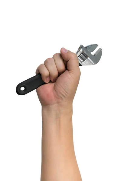 Homem mão segurando chave ajustável — Fotografia de Stock