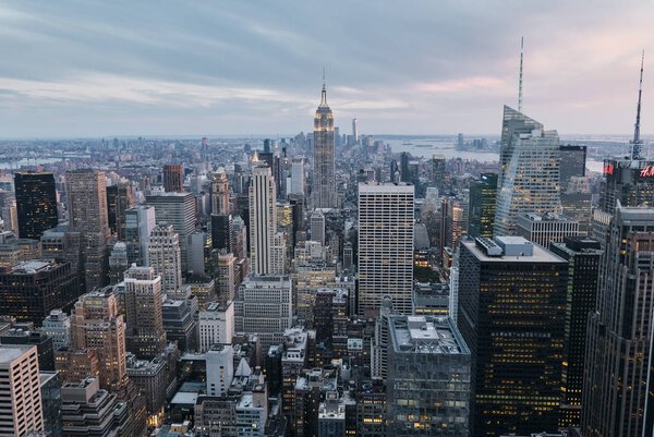 Aerial view of Manhattan skyline at sunset