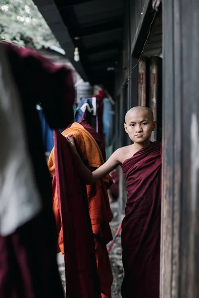 Буддийский Мальчик Монах Смотрит Камеру Янгон Мьянма Бирма — стоковое фото