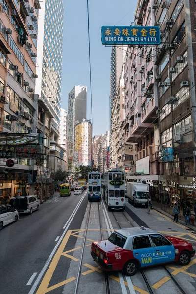 Hong Kong Architektur Gebäude Mit Straße Autos Und Straßenbahnen — Stockfoto