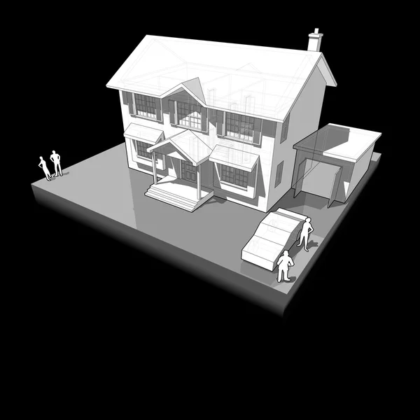 diagram of a classic colonial house with garage and car
