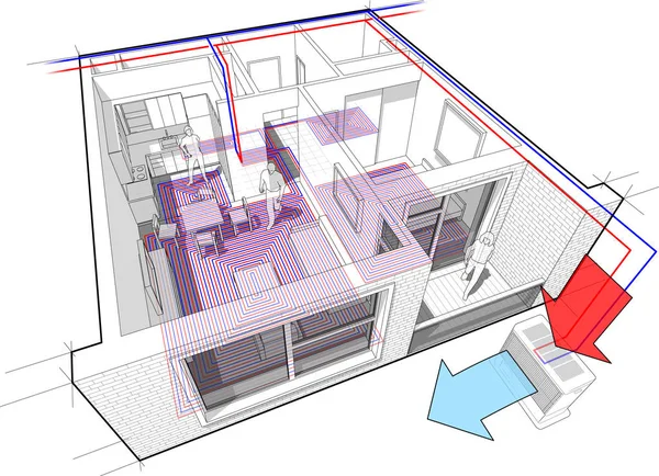 Schéma d'appartement avec chauffage au sol et pompe à chaleur — Image vectorielle