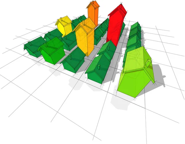 Dvacet pět různých domech v barvách energetické hodnocení — Stockový vektor