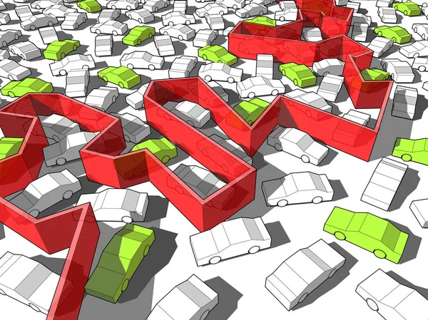 Carros verdes e brancos em engarrafamento bloqueado por parede — Vetor de Stock