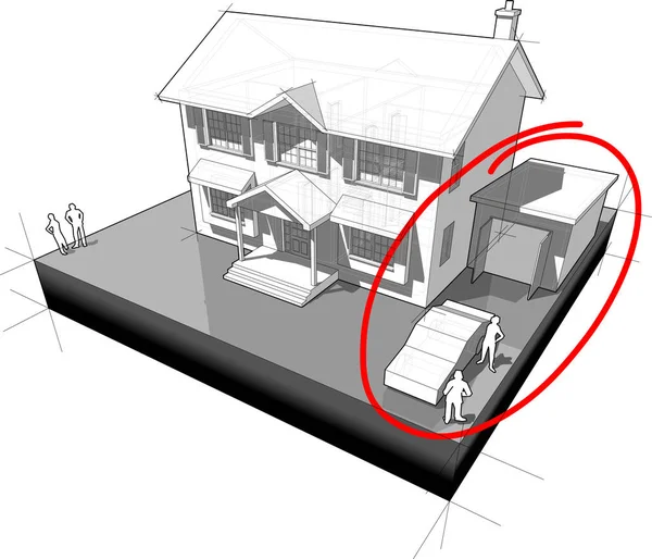Схема классического колониального дома с гаражом и автомобилем — стоковый вектор