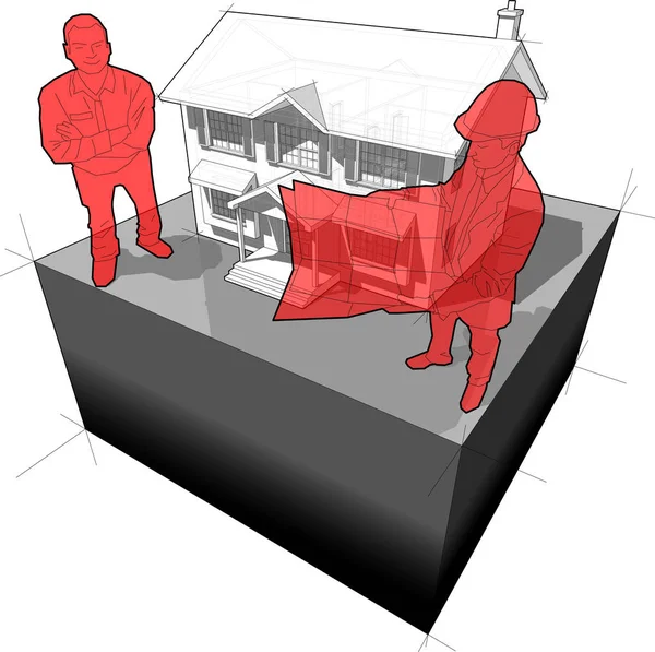 Diagram över en klassisk koloniala hus och arkitekt med kund — Stock vektor