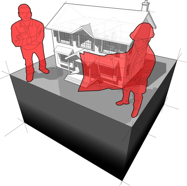 Diagramm eines klassischen Kolonialhauses und Architekten mit Kunde — Stockvektor