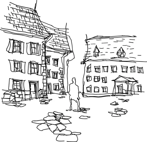 Illustration dessinée à la main de l'homme debout entre de vieilles maisons — Image vectorielle