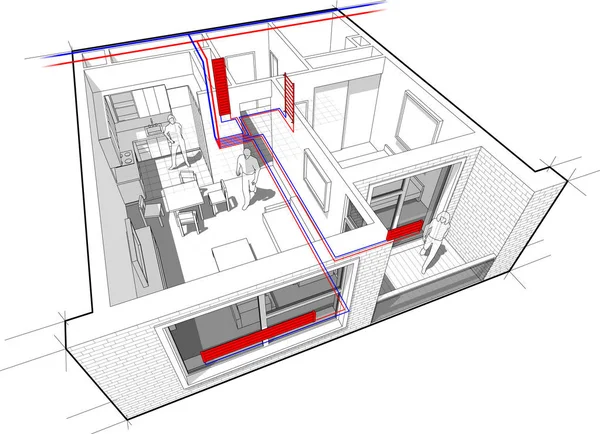 Schéma d'appartement avec chauffage par radiateur — Image vectorielle