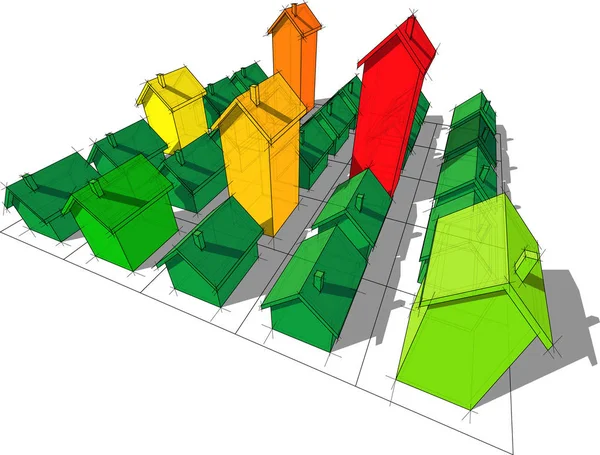 Vingt-cinq maisons différentes en couleurs de la cote énergétique — Image vectorielle