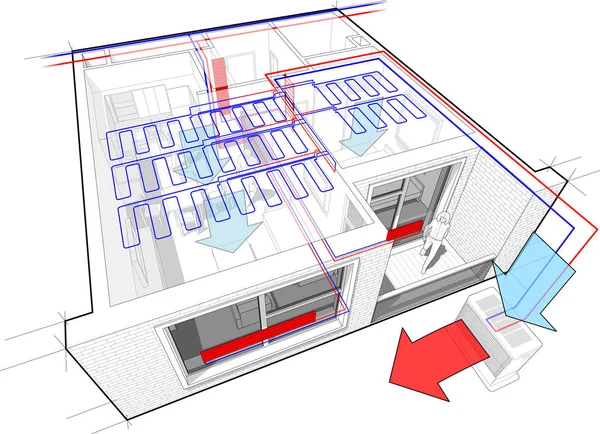 Apartment diagram with radiator heating and ceiling cooling — Stock Vector