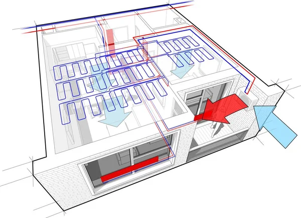 Apartment diagram with radiator heating and ceiling cooling — Stock Vector