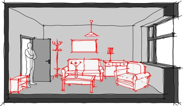 Diagrama de quarto esboço com esboços de mobiliário — Vetor de Stock