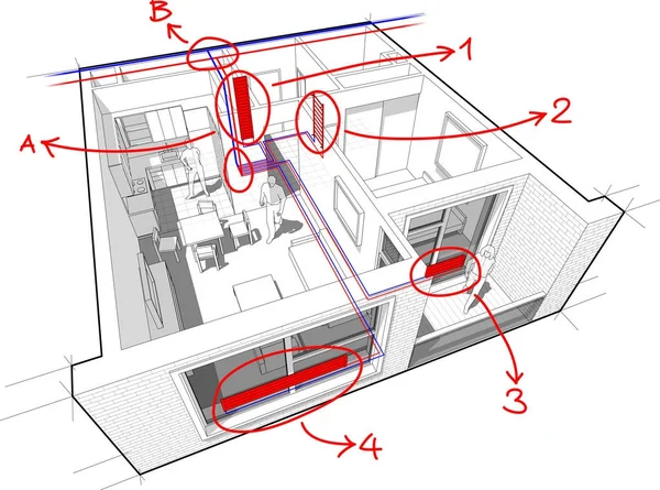 Apartament diagram Ogrzewanie grzejnikowe i odręczne notatki — Wektor stockowy