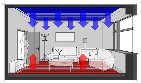 Diagrama Una Habitación Amueblada Completamente Confortable Climatizada Con Calefacción Por — Vector de stock