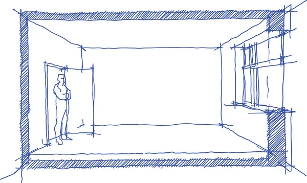 空ダブルルーム窓とドアとドアのところに立っている男性の手描きのスケッチ — ストックベクタ