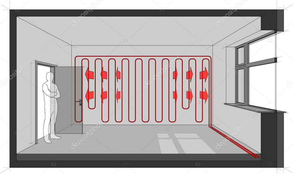 Diagram of a room heated with wall heating 