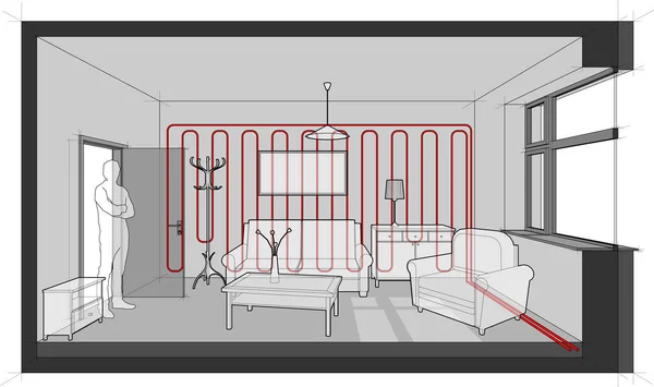 Diagramm Eines Einzelzimmers Mit Sofa Stuhl Tisch Schränken Deckenlampe Kleiderbügel — Stockvektor