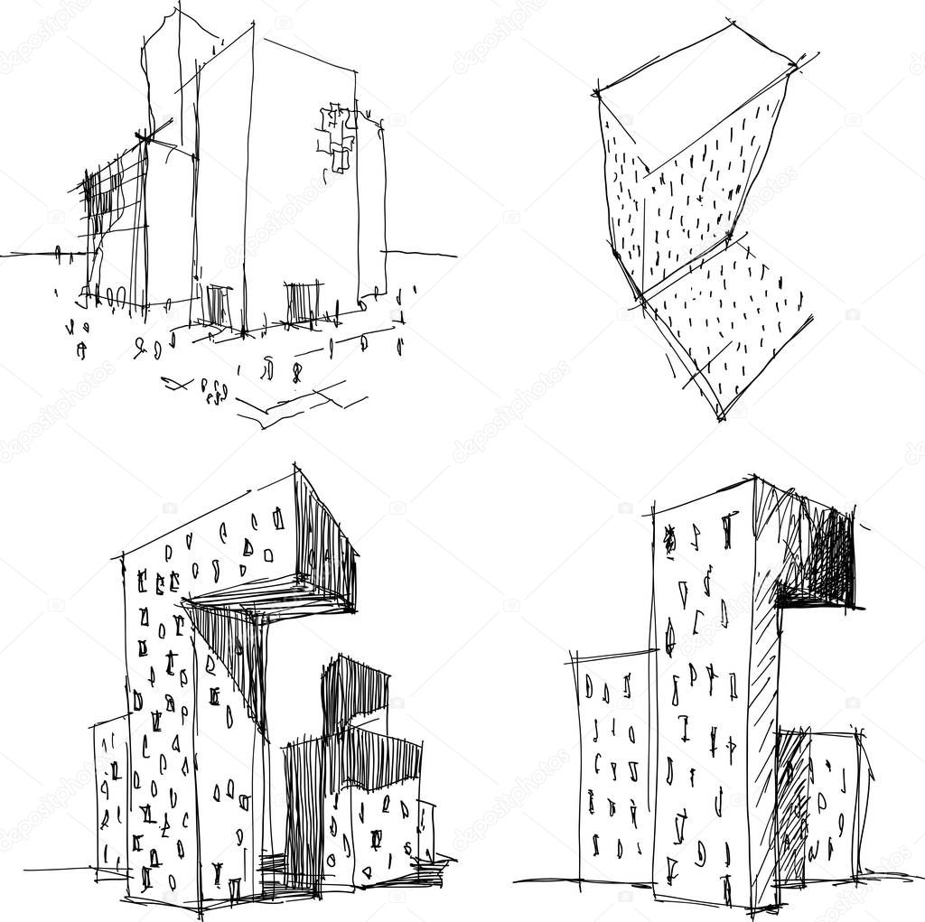 four hand drawn architectectural sketches of a modern abstract architecture