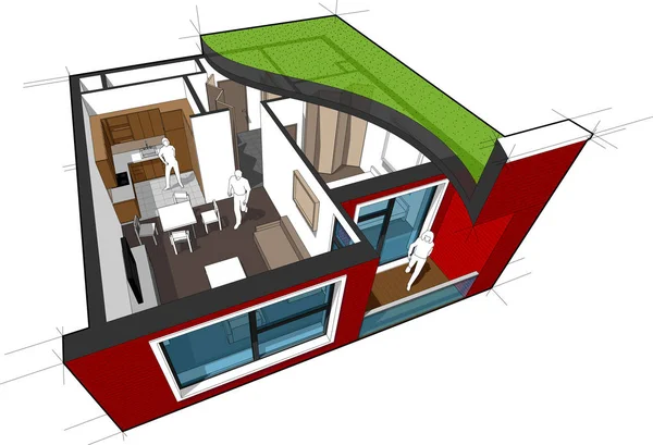 Schéma Découpé Perspective Appartement Une Chambre Entièrement Meublé Avec Toit — Image vectorielle