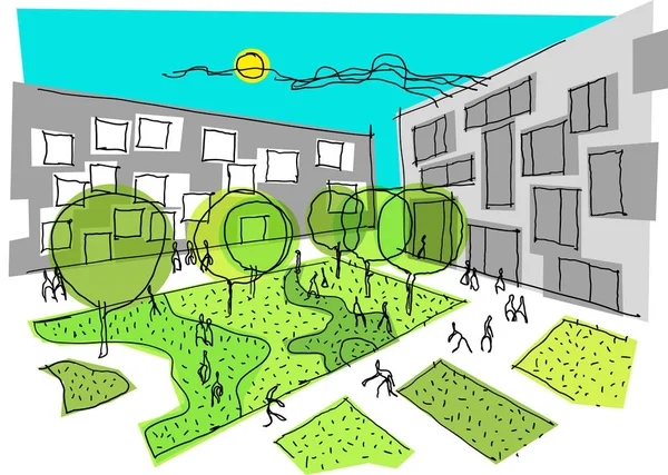 Handgezeichnete Architektonische Skizze Einer Modernen Stadt Mit Mehrfamilienhäusern Und Vielen — Stockvektor