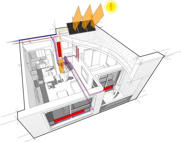 Perspective cutaway diagram of a one bedroom apartment completely furnished with hot water radiator heating and central heating pipes as source of heating energy and photovoltaic panels on the roof as source of electric energy — Stock Illustration Perspective Cutaway Diagram One Bedroom Apartment Completely Furnished Hot Water Vector Graphics