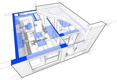 Perspektif kesit diyagram bir Tek Yatak Odalı Daire tamamen düz çatı kesit ele ve şematik floorplan yukarıdaki ile döşenmiş