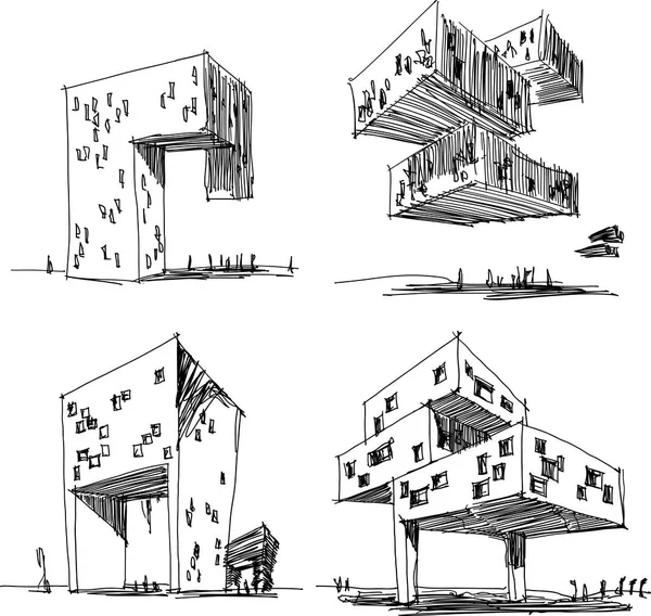 Quatre Croquis Architecturaux Dessinés Main Une Architecture Abstraite Moderne — Image vectorielle