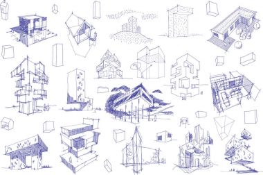 birçok modern bir mimari çizimler çizilmiş architectectural nad geometrik nesneleri el ve kentsel fikir ve Taslaklar