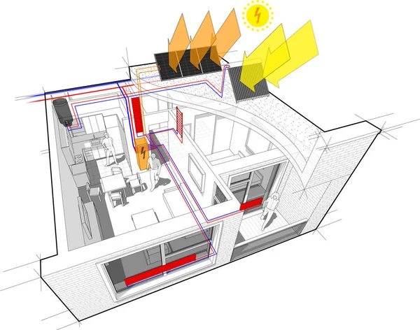 Diagrama Corte Perspectivo Apartamento Dormitorio Completamente Amueblado Con Calefacción Por — Archivo Imágenes Vectoriales