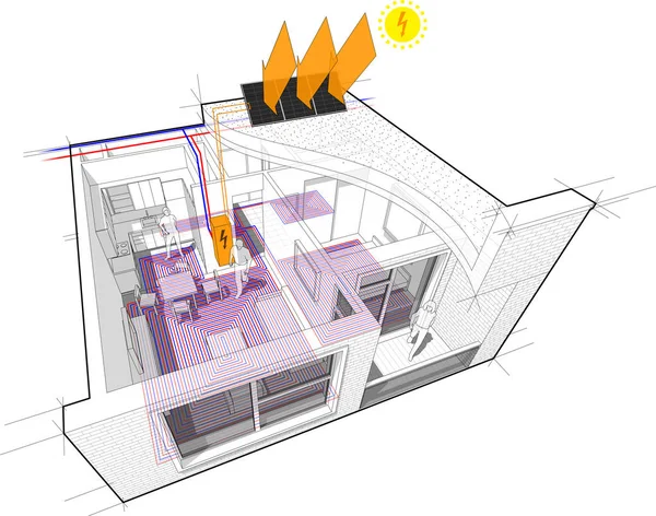 全景图一卧室公寓完全配有热水地板采暖和中央供热管作为热能源和屋顶上的光伏板作为电能来源 — 图库矢量图片