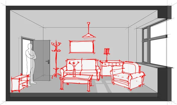 Diagrama Quarto Individual Mobilado Com Esboços Desenhados Mão Sofá Cadeira — Vetor de Stock