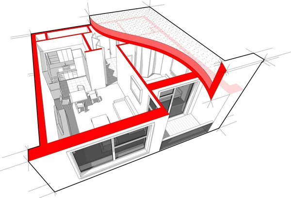 Schéma Découpé Perspective Appartement Une Chambre Entièrement Meublé Avec Toit — Image vectorielle