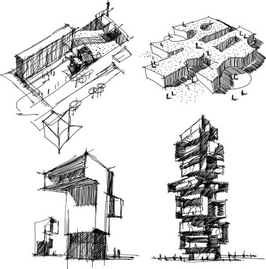 dört el architectectural dört bir yanındaki insanlarla modern bir mimari çizimler çekilmiş