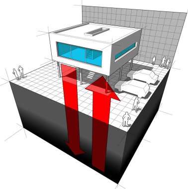 Diagram of a modern house or villa  receiving energy from the ground  symbolising geothermal energy  clipart