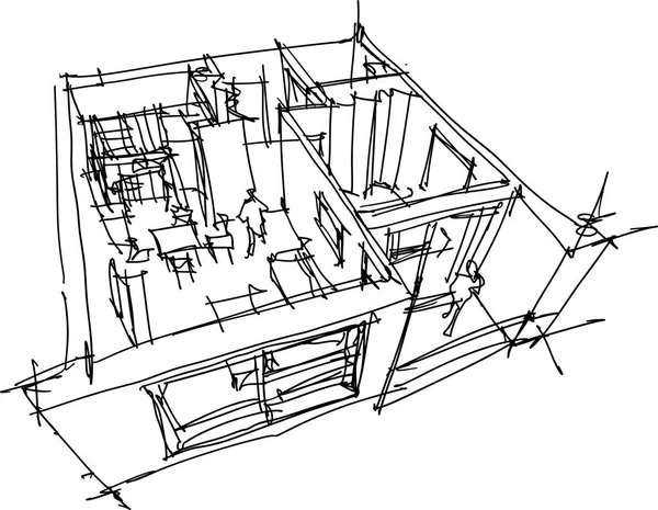 Esboço Desenhado Mão Perspectiva Cortar Diagrama Apartamento Quarto Completamente Mobilado —  Vetores de Stock