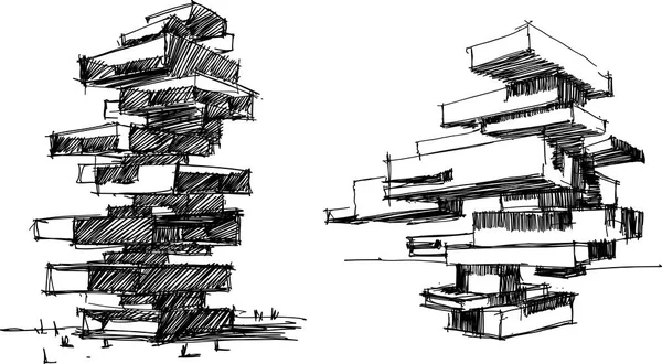 Δύο Χέρι Συρμένο Αρχιτεκτονικά Σκίτσα Του Ψηλά Σύγχρονη Αφηρημένη Κτίρια — Διανυσματικό Αρχείο