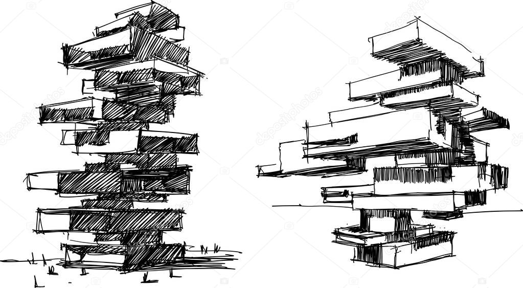 two hand drawn architectural sketches of a tall modern abstract buildings or residential tower