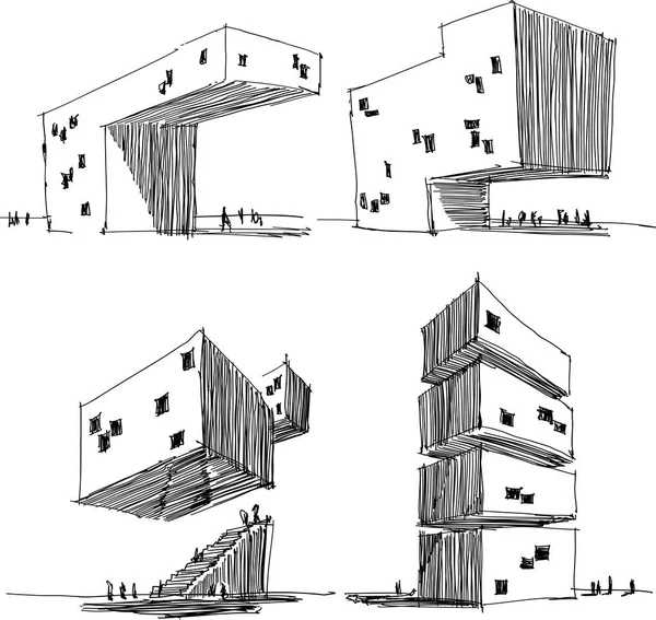 Vier Handgezeichnete Architektonische Skizzen Einer Modernen Abstrakten Architektur Vektorgrafiken