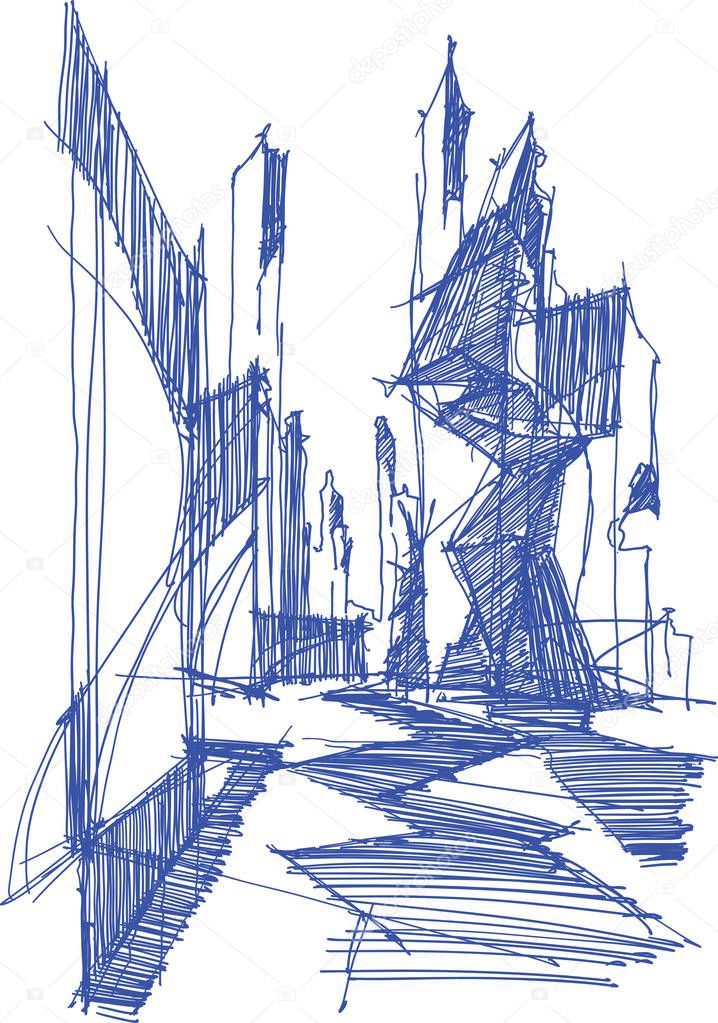 hand drawn architectural sketch of a modern abstract architecture