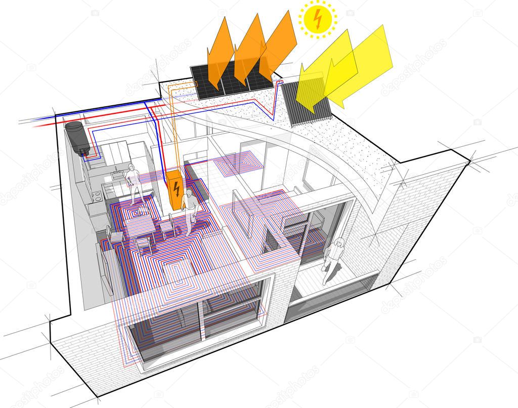 cutaway diagram of a one bedroom apartment completely furnished with hot water floor heating and central heating pipes as source of heating energy energy with additional solar water heating panels and photovoltaic panels on the roof