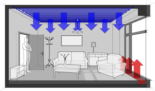 Habitación Con Sofá Silla Mesa Gabinetes Lámpara Techo Paños Suspensión — Vector de stock