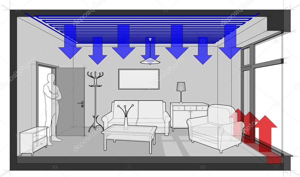 room with sofa and chair and table and cabinets and ceiling lamp and cloths hanger and painting on the wall with door and tall french window and standing man in the opened door and ceiling cooling and floor convector for heating in front of window