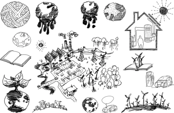Muchos Bocetos Dibujados Mano Temas Relacionados Con Naturaleza Medio Ambiente — Vector de stock