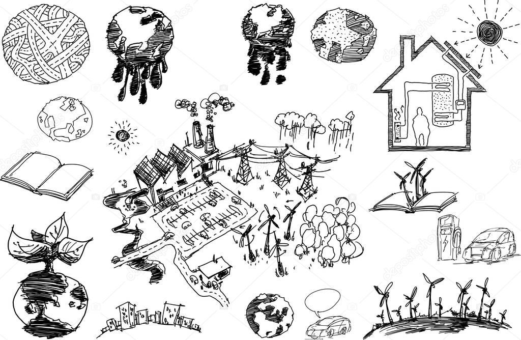 many hand drawn sketches of topics regarding nature and environment and ecology and energy and planet earth