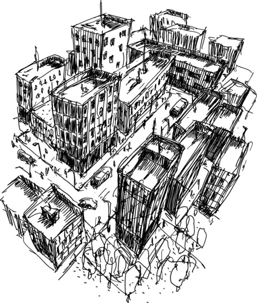 Schizzo Architettonico Disegnato Mano Una Città Moderna Con Edifici Alti — Vettoriale Stock