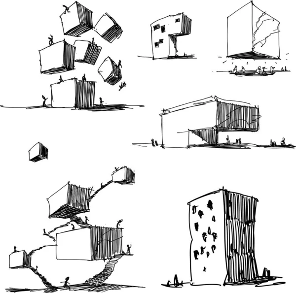 Šest Ručně Kreslené Architektonické Náčrtky Moderní Abstraktní Architektury — Stockový vektor